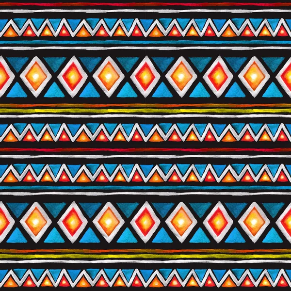 Modèle tribal. Motif sans couture ornement tribal dans un style géométrique avec des triangles et des rayures. Aquarelle — Photo