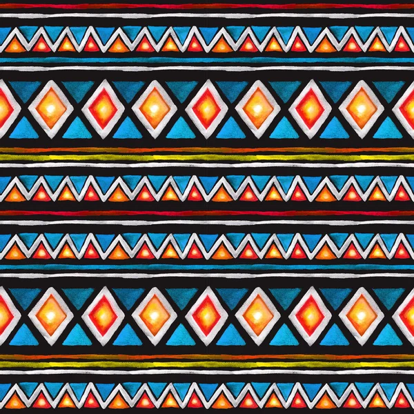 Tribal pattern. Seamless pattern - tribal ornament in geometric style with triangles and stripes. Watercolor