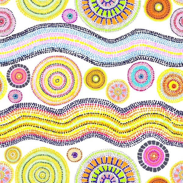 Ornament with dots, circles and waves. Contemporary art in australian aboriginal style. Seamless pattern