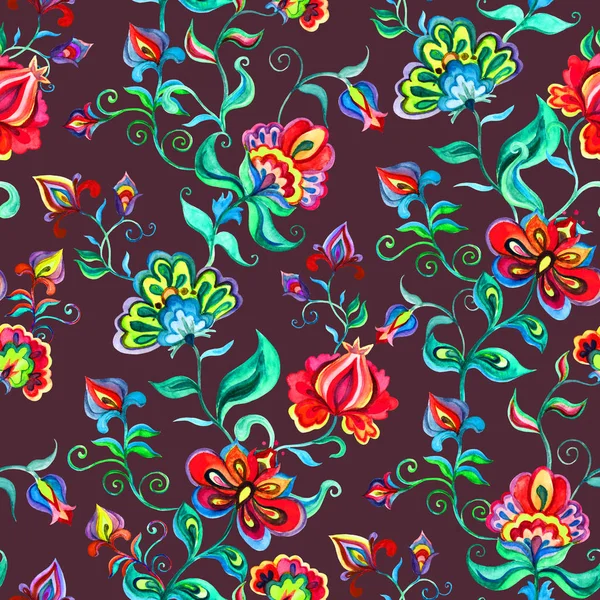 Διακοσμητικό νεράιδα λουλούδια στο σκούρο φόντο. Επαναλαμβανόμενο μοτίβο. Ακουαρέλα σε Ανατολικής Ευρώπης λαϊκής τέχνης — Φωτογραφία Αρχείου