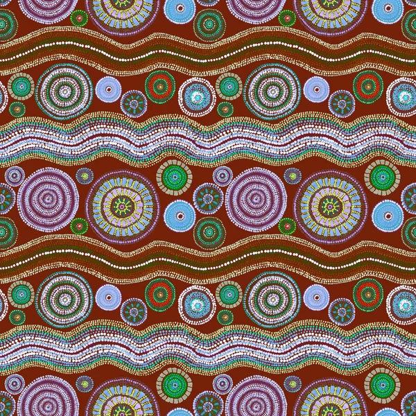 Adorno tribal con puntos, círculos y olas. Arte contemporáneo en estilo aborigen australiano. Patrón de repetición brillante — Foto de Stock