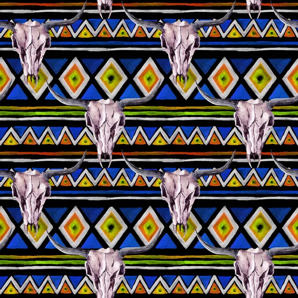 Tribal wzór - zwierzęca czaszka. Bezszwowe tło wystrój plemiennych. Akwarela — Zdjęcie stockowe