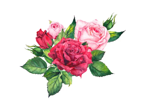 Czerwone róże - kompozycji kwiatowych. Akwarela dla karty ślubne — Zdjęcie stockowe