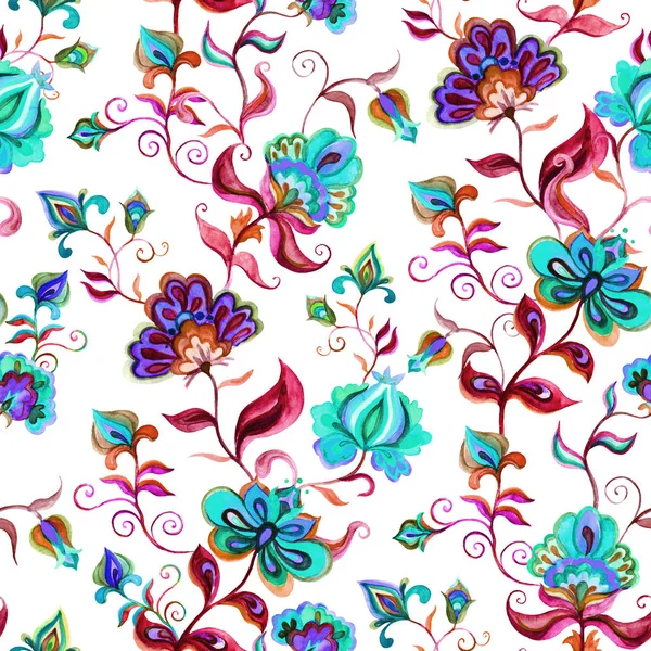 Handgefertigte einheimische Motive auf hellem Grund - nahtloser floraler Hintergrund mit komplizierten Blumen. Aquarellkunst — Stockfoto