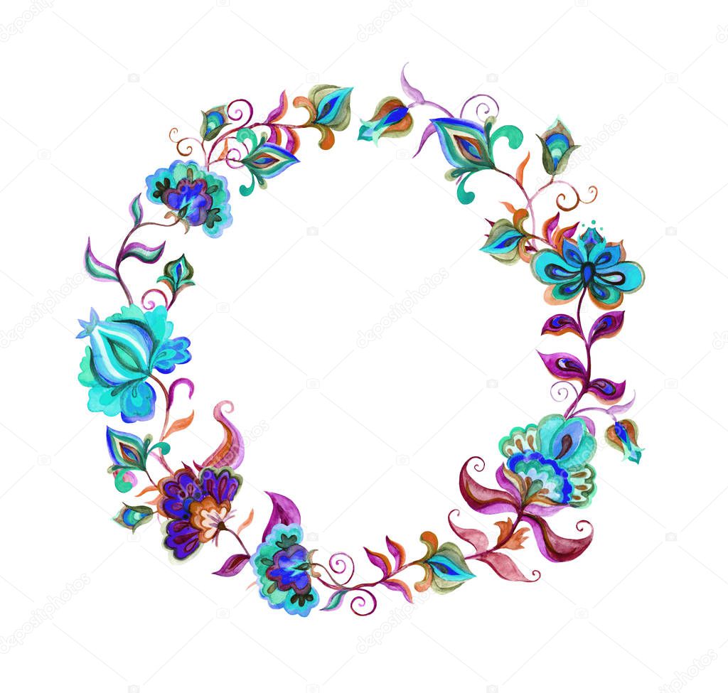 Decorative folk art flowers - floral wreath in slavic motifs. Watercolor circle