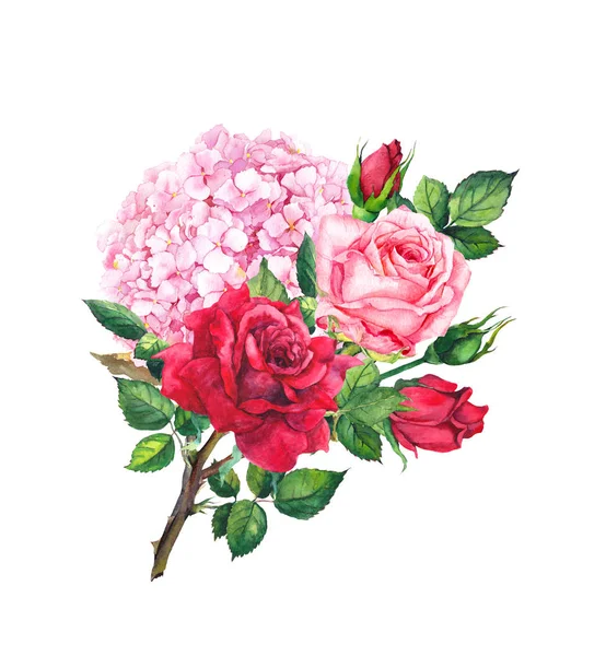 Rosas vermelhas e rosa, flor de hortênsia - composição floral. Aquarela — Fotografia de Stock