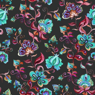 Siyah arka plan dekoratif peri çiçeklere. Yinelenen desen. Doğu Avrupa folk suluboya