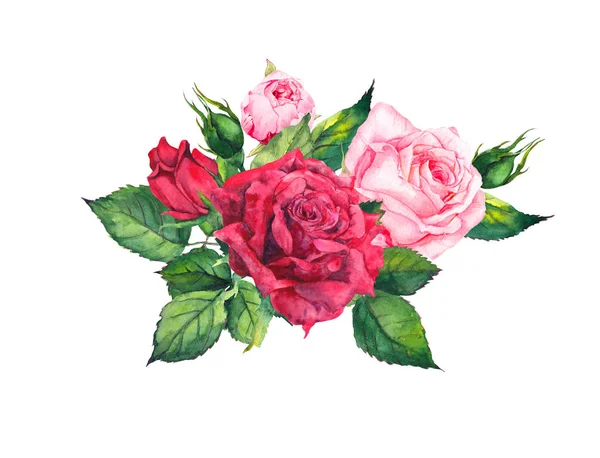 Kırmızı, pembe Gül - çiçek kompozisyon. Düğün kartı için suluboya — Stok fotoğraf