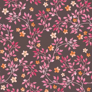 Dikişsiz vintage desen - el yaprakları ve kafe Pembe çiçek boyalı. Aquarelle dizayn kahverengi koyu arka plan üzerinde