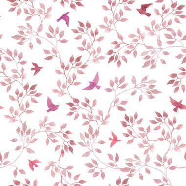 Pembe yaprak, şirin kuş. Sulu Boya Dikişsiz desen saf tasarım
