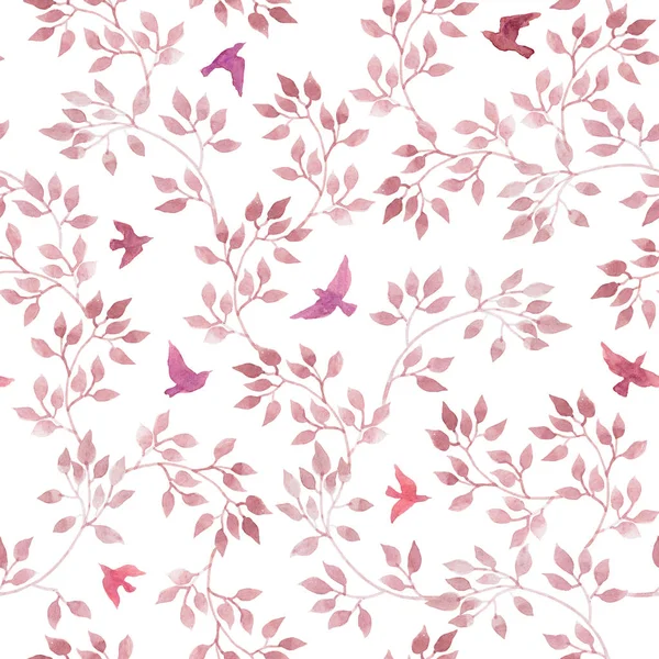 Розовые листья, милые птицы. Акварель бесшовный узор в наивном дизайне — стоковое фото