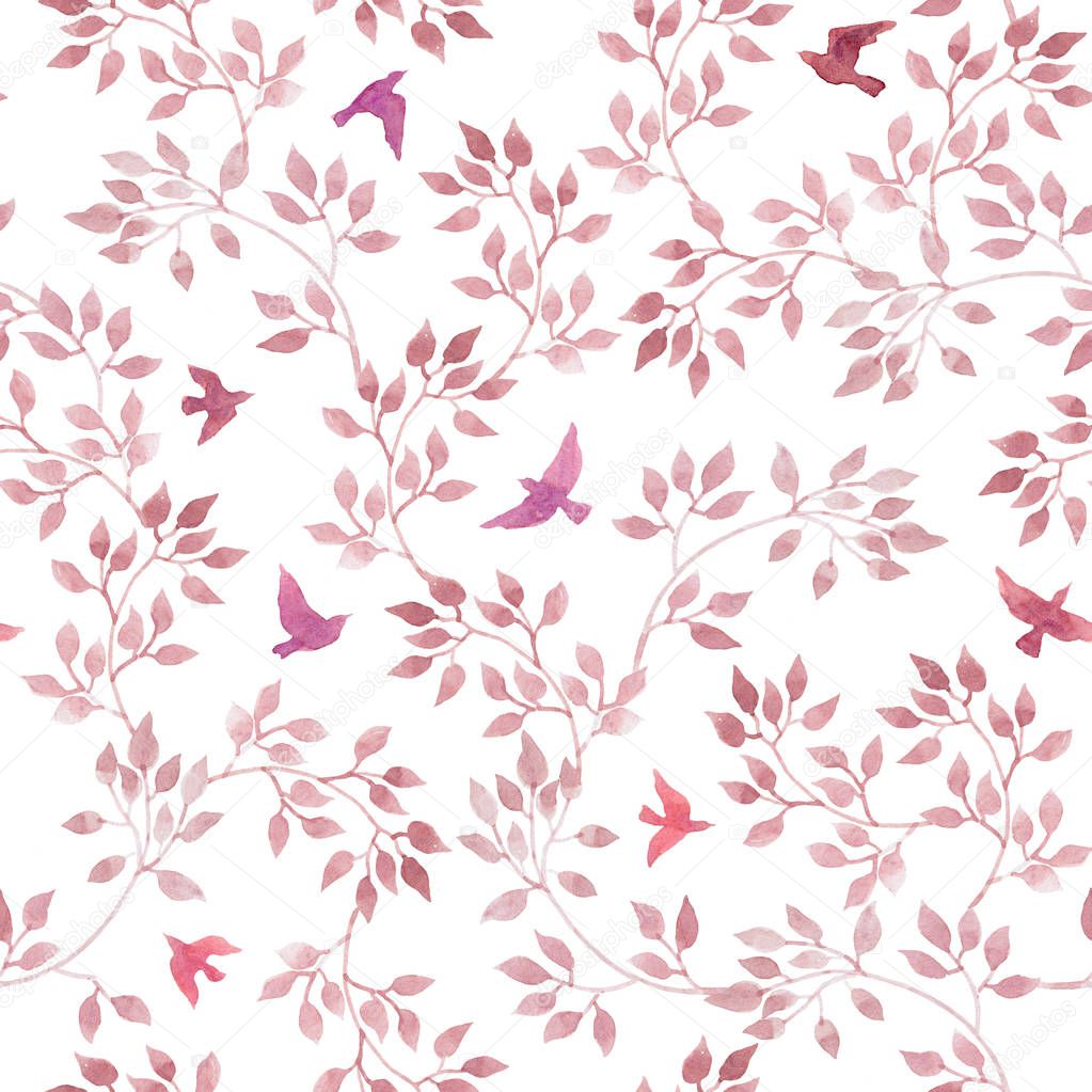 Pink leaves, cute birds. Watercolor seamless pattern in naive design