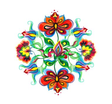 Dekoratif halk sanatı Doğu Avrupa - yerli süslü çiçekler ile çiçek kompozisyon. Suluboya nakış motifi