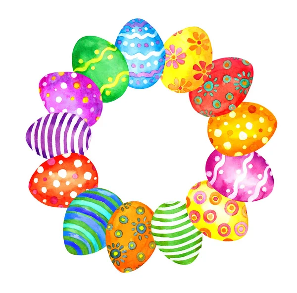 Easter wreath with colored eggs. Circle border. Watercolor — Stock Photo, Image