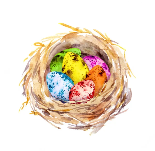 Nest with Easter colored eggs. Watercolor — Stock Photo, Image