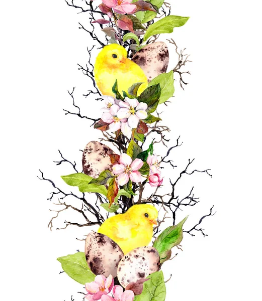 Ouă, găini, flori de primăvară, ramuri, frunze verzi. Granița florală repetată pentru Paști. Acuarelă — Fotografie, imagine de stoc