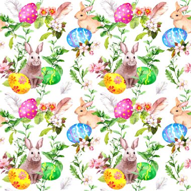 Paskalya tavşanı, renkli yumurta çim ve çiçek. Çiçek Paskalya arka plan yinelenen. Suluboya