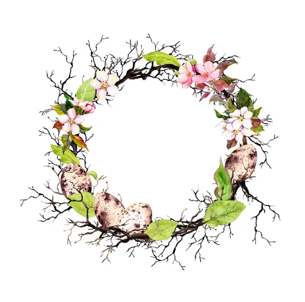 イースターの卵、枝、春の葉。イースターの花の花輪。水彩の円の境界 — ストック写真