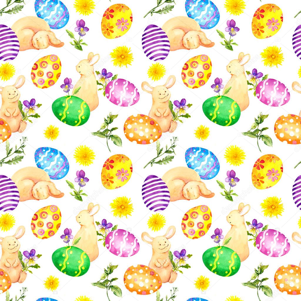 Easter bunny, colored eggs in grass and flowers. Repeating floral