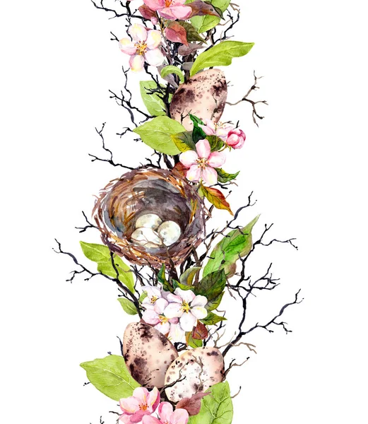Весенняя бесшовная граница - гнездо, яйца, цветы, ветви, весенние листья. Акварель — стоковое фото