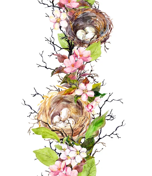 Jarní bezešvá hranice - hnízdo, vejce, květiny, větve, listy na jaře. Akvarel — Stock fotografie