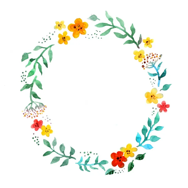 Corona de círculo floral con flores lindas. Acuarela pintada a mano borde — Foto de Stock