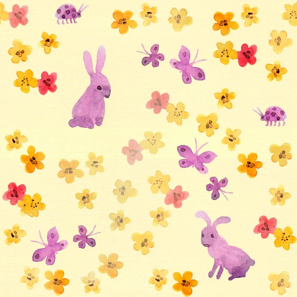 Seamless childish swatch with cute flowers, aquarelle butterflies, hand painted rabbit — Stock Photo, Image