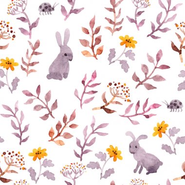 Sorunsuz çiçek desenli - şirin çiçekler, yapraklar ve suluboya tavşan