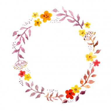 Retro saf şirin çiçekli çiçekli yüzük çelenk. Kartpostal için yuvarlak çerçeve suluboya el boyalı