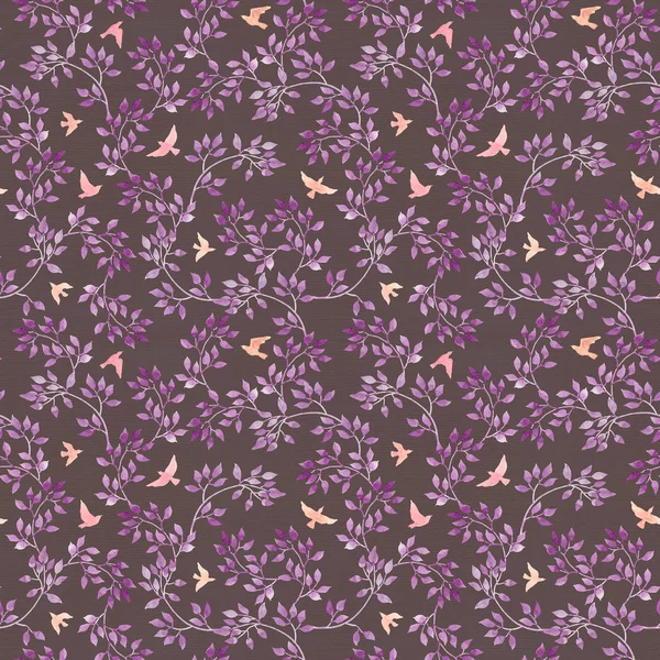 Seamless romantic wallpaper - hand painted blue-violet leaves and birds. Aquarelle art on dark background — Stock Photo, Image