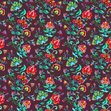 Koyu arka plan dekoratif peri çiçeklere. Yinelenen desen. Suluboya Doğu Avrupa Halk sanat