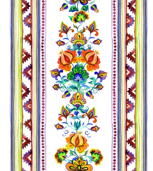 Hand crafted ethnic art of Eastern Europe - seamless frame with ornamental flowers and stripes. Watercolor — Stock Photo, Image