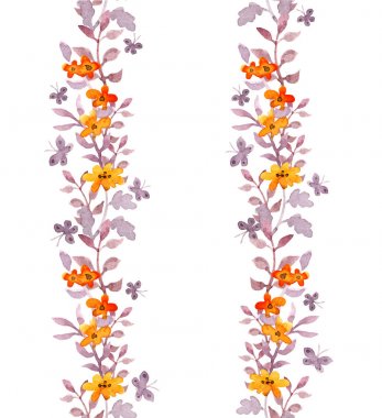 Sorunsuz çiçek kenar sınır. Şirin çiçekler, yapraklar, kafe kelebekler. Suluboya