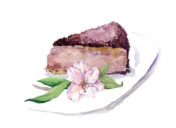 Kus čokoládového dortu, květinová. Akvarel — Stock fotografie