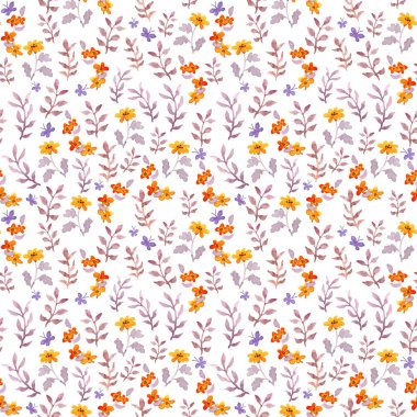 Sorunsuz retro dekoratif çiçek örneği. Şirin çiçekler, yapraklar ve retro kelebekler. Aquarelle