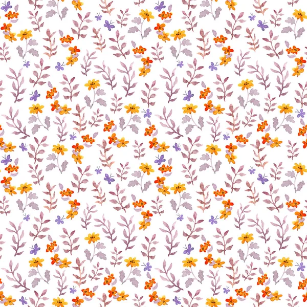 Seamless retro decorative floral swatch. Cute flowers, leaves and retro butterflies. Aquarelle — Stock Photo, Image