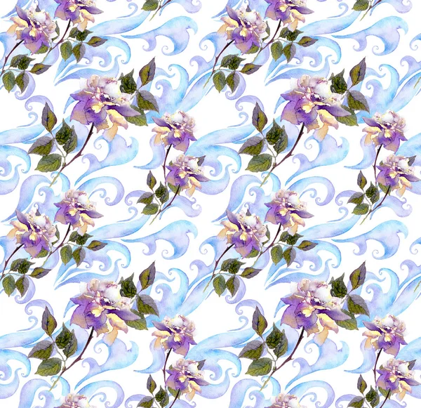 Vintage απρόσκοπτη χειμώνα ακουαρέλα floral μοτίβο. Χρώμα νερού ρετρό σχεδιασμός με τριανταφυλλιές, παπύρους, καμπύλες — Φωτογραφία Αρχείου