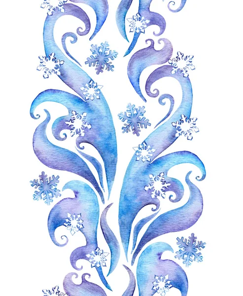 Repeating winter border frame with snow flakes. Water color decorative strip with scrolls, curves, snowflakes — Stock Photo, Image