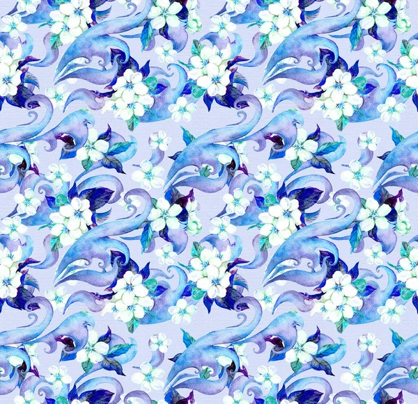 Frostblommor, vinterprydnad. Akvarell färg upprepa blommig bakgrund. — Stockfoto