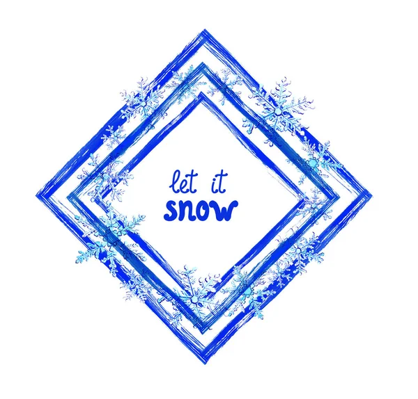 Vinterkort med snöflingor, textcitat Låt det snöa. Akvarell med bläck ränder, linjer, snöflingor för jul design. Brevkort — Stockfoto