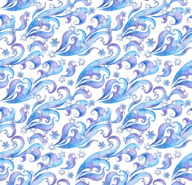 Kar taneleri ve kış süsleriyle kusursuz kış deseni. Yazmalarla, kıvrımlarla suluboya dekoratif süslemeler