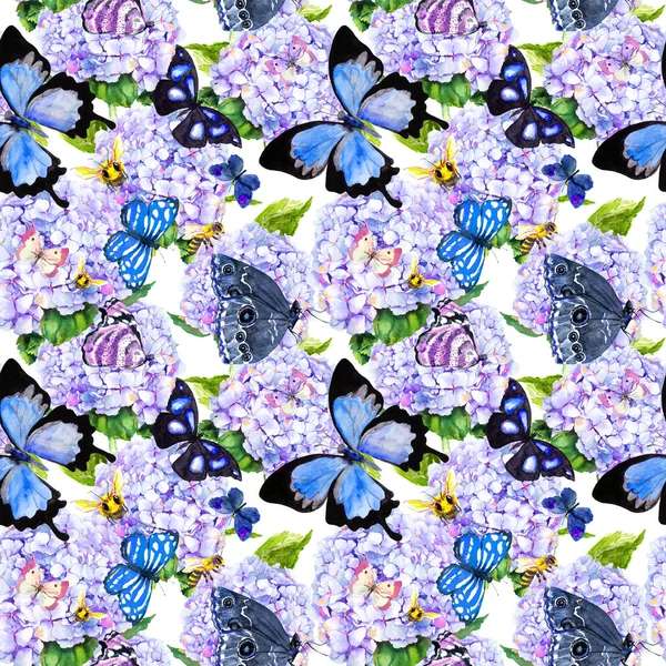 Blue hydrangea flowers, butterflies, bees. Seamless floral pattern. Watercolor. — Stock Photo, Image