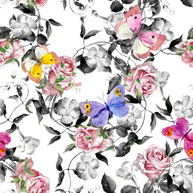 Çayır çiçekleri, kelebekler. Botanik suluboya. Vintage pastel renklerde arka planı yineleme