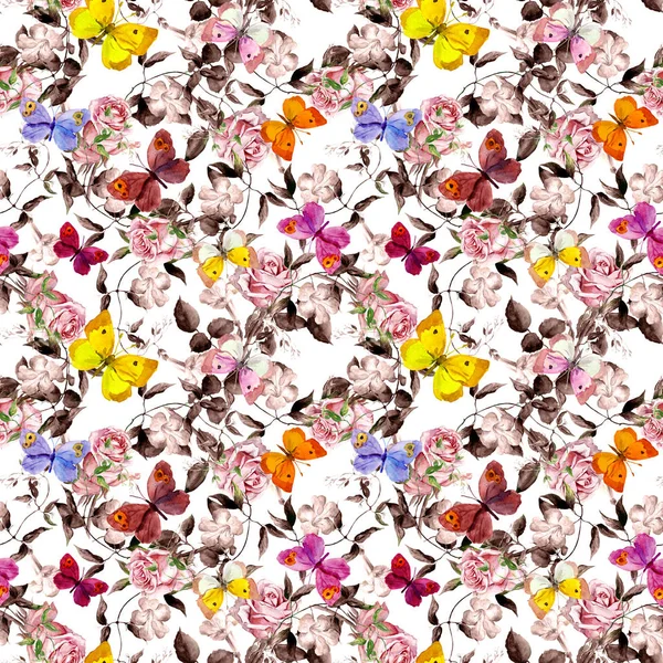 Wilde Rosenblüten, Schmetterlinge. Aquarell. nahtloses Muster in hellen, monochromen Farben — Stockfoto