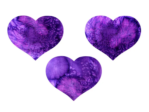 Akvarell handmålade violetta hjärtan. Akvarelldroppar, våta fläckar — Stockfoto