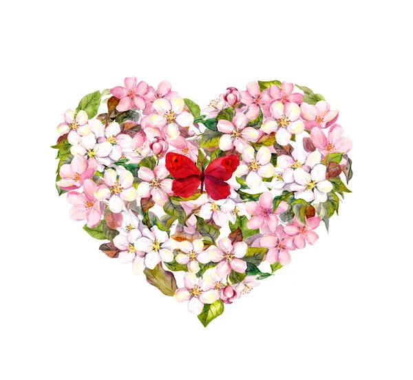 Szív rózsaszín virágokkal - cseresznyevirág, sakura vörös pillangóval. Virágos akvarell — Stock Fotó