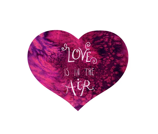 Akvarel ručně malované fialové, fialový tvar srdce a motivovat citát Láska je ve vzduchu pro Valentýna — Stock fotografie