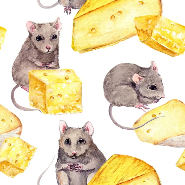 Des souris et du fromage. Modèle sans couture. Aquarelle avec des animaux de souris mignons — Photo