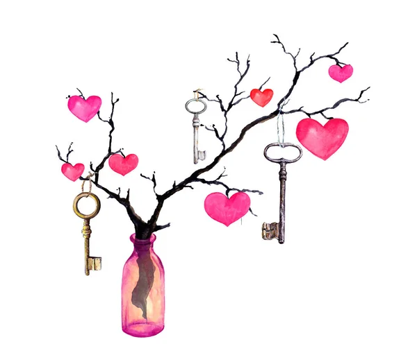 Sleur met harten, sleutels in glazen fles. Aquarel voor Valentijnsdag of bruiloft — Stockfoto
