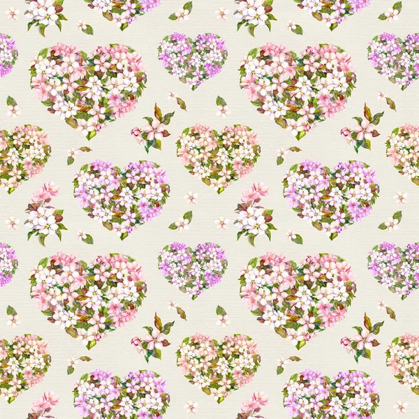 Nahtloses Muster für den Valentinstag - Blumenherzen mit Apfelblüten, Kirschblüten. Aquarell — Stockfoto